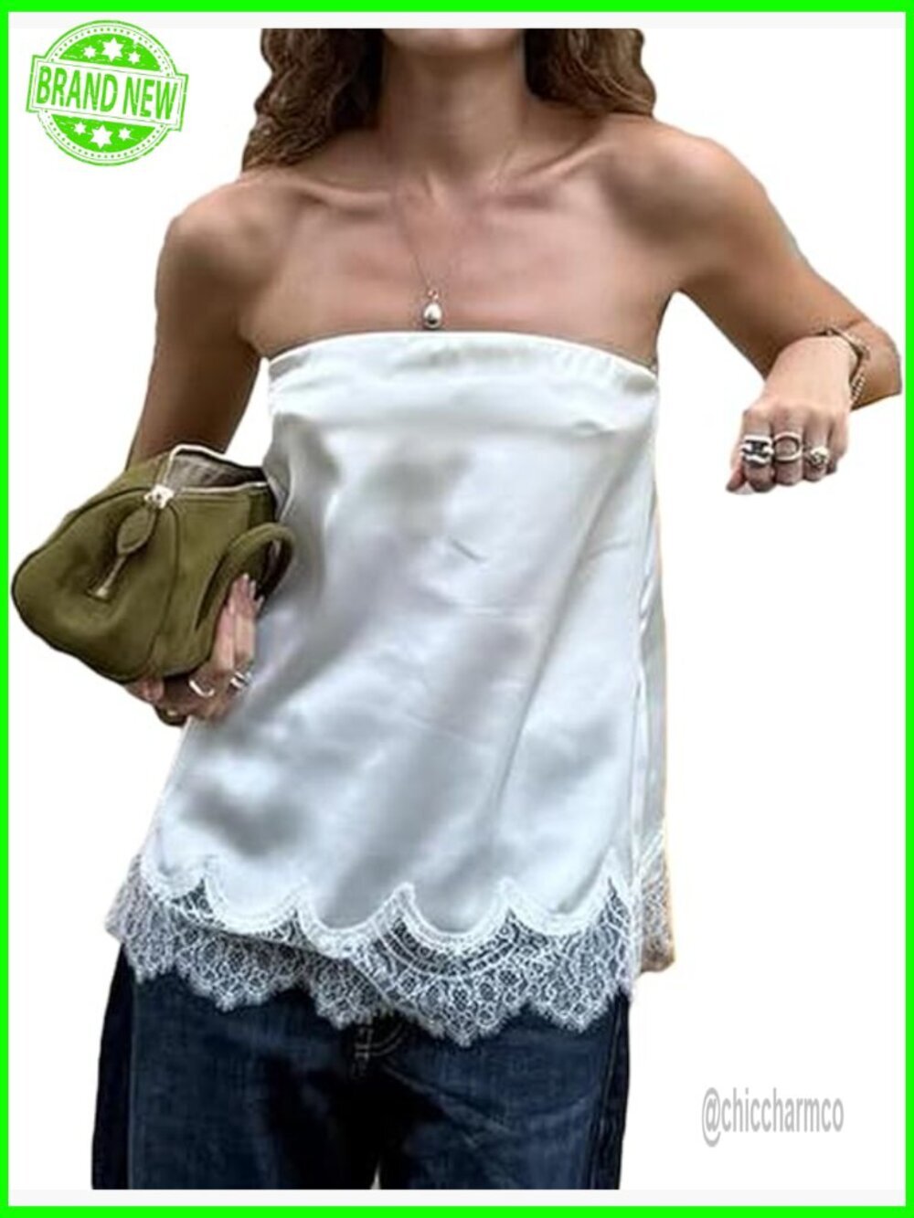 Y2K Lace Trim Satin Strapless Tube Top Sleeveless Backless Babydoll Going Out